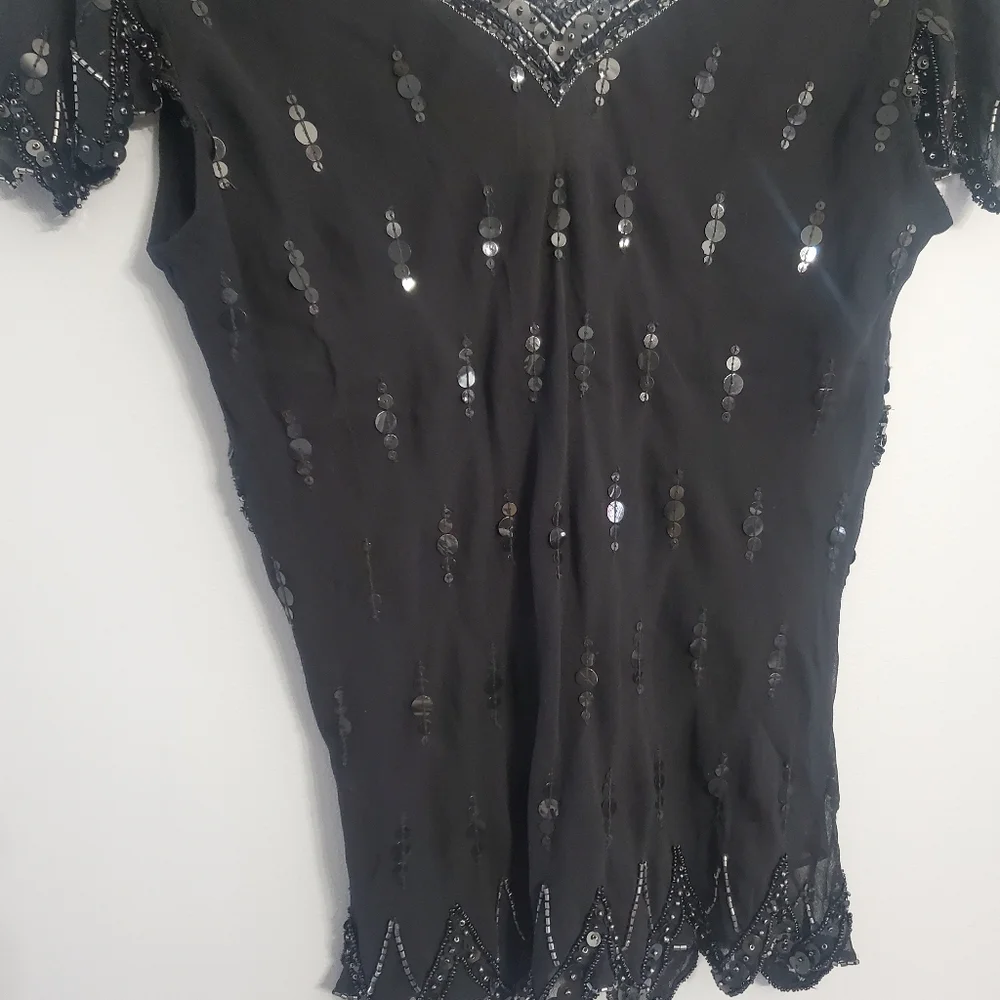 Papell Boutique Vintage Flapper Evening Blouse Silk Black Sequin Embellished  S - Picture 9 of 14